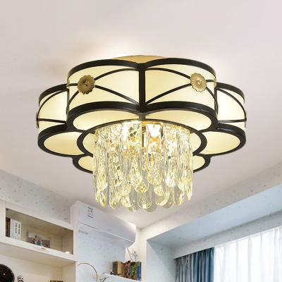 Black Finish Flower Flushmount Lamp Modernism 4-Light Metal Flush Light Fixture with Crystal Droplet