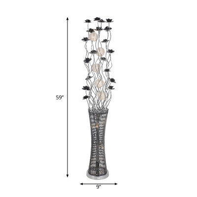 Black-Silver LED Stand Up Light Decorative Aluminum Wire Lotus and Vase Floor Lamp in White/Warm Light