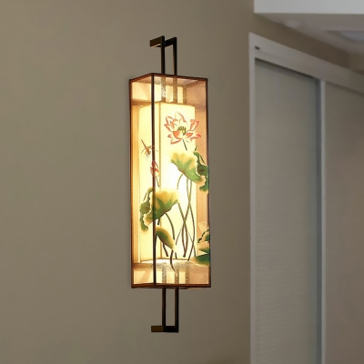 Blooming Lotus/Plum Print Mural Lighting Chinoiserie Fabric 2-Light Hotel Wall Light Sconce in Black