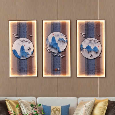 Calligraphy and Lake Scenery Mural Lamp Chinese Style Acrylic Blue LED Wall Mount Light Fixture for Parlor