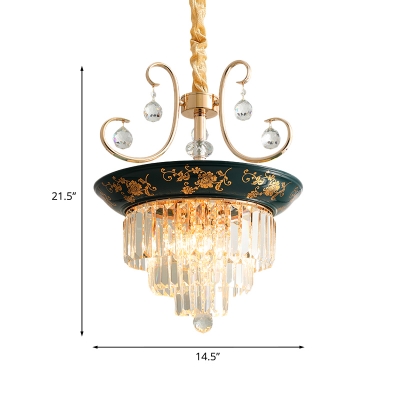 Ceramics Green Finish Pendulum Light Round 3 Heads Traditional Chandelier with Crystal Rectangle Detail