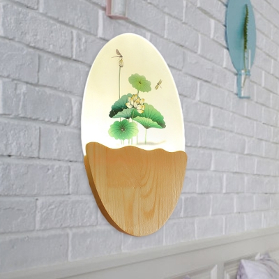 Chinese Style LED Wall Light Red Plum Blossom Vase/Green Lotus and Dragonfly Mural Lamp with Acrylic Shade