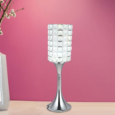 Chrome Gridded Cylinder Table Light Minimalist Crystal Study Room LED Night Lamp with Flared Base