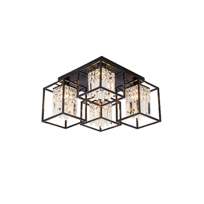 Cuboid Crystal Semi Flush Light Contemporary 4 Heads Bedroom Ceiling Lamp with Black Geometric Cage