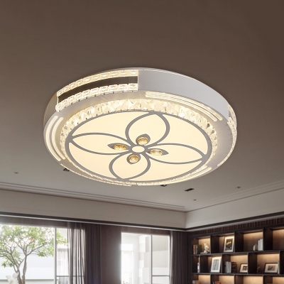 Drum Ceiling Mounted Light Modernist Crystal Block LED Chrome Flushmount with Four-Leaf Clover/Flower Pattern