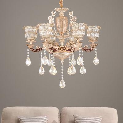 European Style Floral Pendant Lamp 6 Bulbs Clear Crystal Hanging Chandelier in Gold