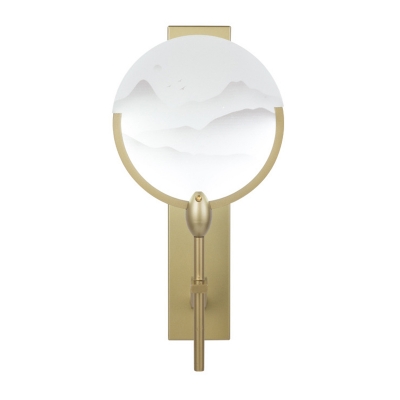 Fan Shaped Bedside Wall Lamp Mountain Patterned Acrylic Chinese Style LED Mural Light in Gold