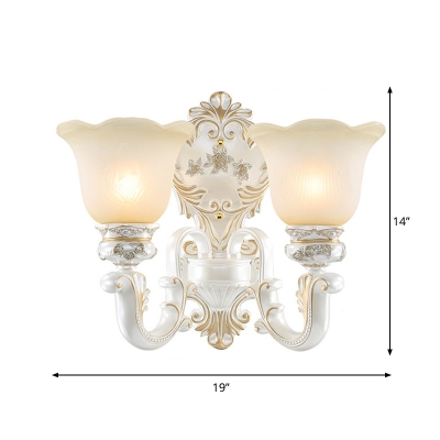 Flower Shade Parlour Wall Sconce Lamp Asia Style Opal Glass 1/2-Light White-Gold Wall Mount Light
