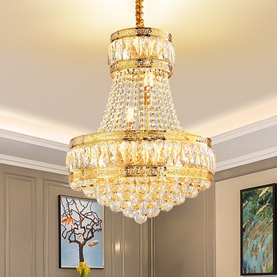 Gold 2-Tier Round Suspension Light Traditional Faceted Crystal 8 Lights Drawing Room Chandelier