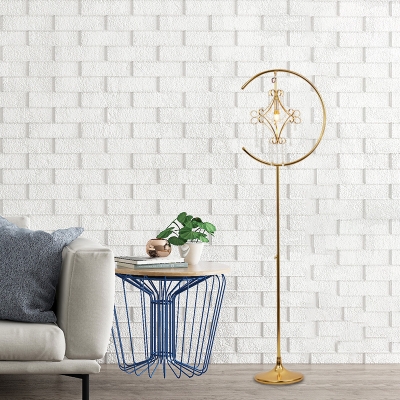 Gold C Shaped Floor Light Postmodern Iron 1 Head Living Room Standing Lamp with Crystal Strand