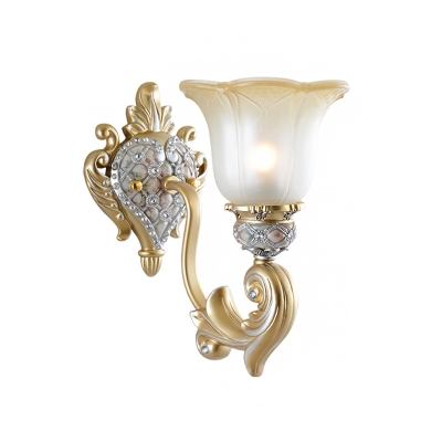 Gold Floral Shade Up Wall Mounted Light Traditional Tan Glass 1/2-Bulb Bedroom Wall Lamp