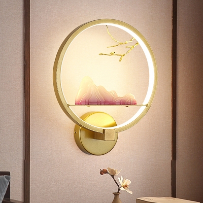 Gold Hoop LED Wall Mount Lamp Chinese Acrylic Mountain Mural Lighting Fixture for Dining Room