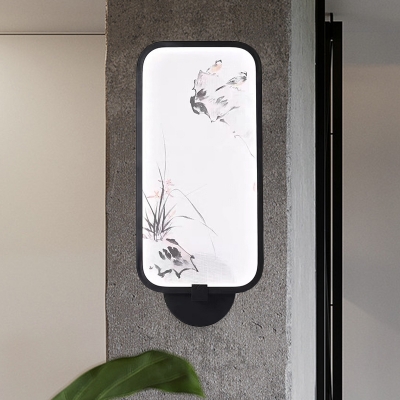 Ink/Watercolor Bird Acrylic Mural Lamp Asia Black LED Wall Sconce Lighting Fixture for Doorway