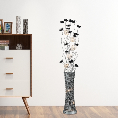 LED Aluminum Stand Light Art Deco Black and Silver Floral and Vase Living Room Floor Lamp