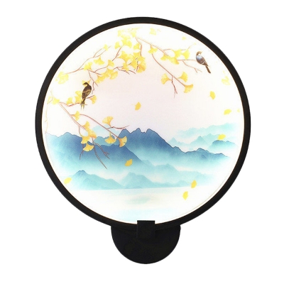LED Bedroom Mural Light Fixture Asian Black Round Wall Mount Lamp with Ginkgo/Flower Branch Pattern Acrylic Shade