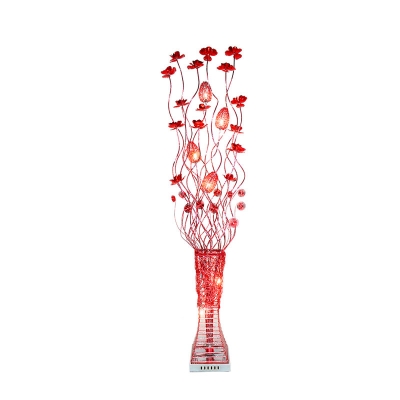 LED Standing Floor Light Art Deco Lotus Aluminum Wire Vase Floor Lamp in Red for Living Room