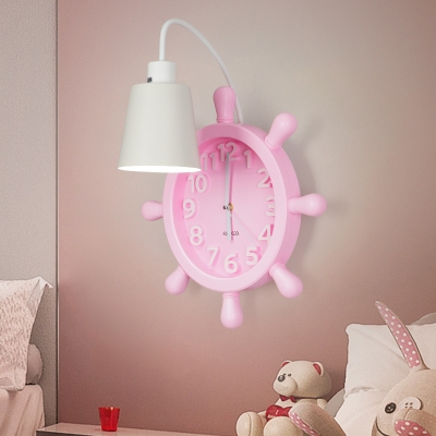 Mediterranean Cone Iron Wall Sconce Single-Bulb Wall Lamp with Rudder Clock Backplate in Pink/Blue