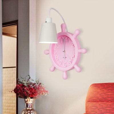 Mediterranean Cone Iron Wall Sconce Single-Bulb Wall Lamp with Rudder Clock Backplate in Pink/Blue