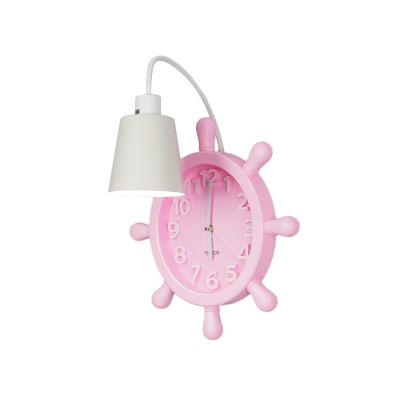 Mediterranean Cone Iron Wall Sconce Single-Bulb Wall Lamp with Rudder Clock Backplate in Pink/Blue