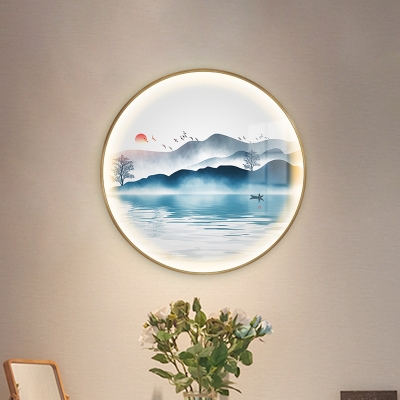 Metallic Round LED Sconce Lighting Chinese Gold Mountain and River Mural Lamp for Tearoom
