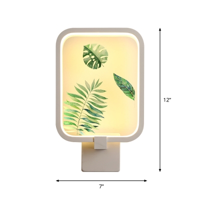 Minimalist Rectangle Wall Mural Light Metal LED Corridor Wall Lamp Fixture with Leaf Pattern in White