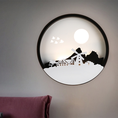 Modernism Circle Wall Lighting Idea Metal LED Indoor Wall Mural Lamp with Windmill and Mountain Pattern in Black
