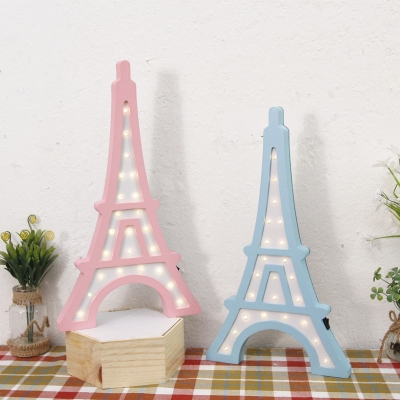 Pink/Blue Eiffel Tower Small Night Light Cartoon LED Wooden Wall Mounted Lamp for Bedroom