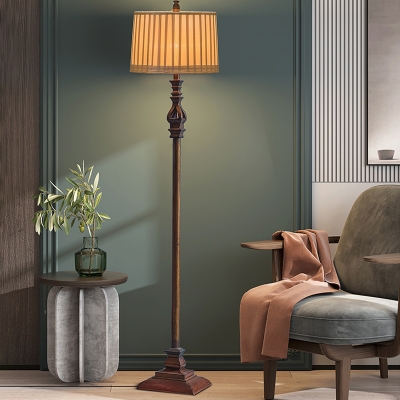 Pleated Fabric Drum Shade Floor Light Traditional 1 Bulb Parlour Floor Standing Lamp in Brown