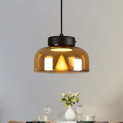 Postmodern Bowl Amber Glass Drop Pendant Single-Bulb Hanging Ceiling Light over Table
