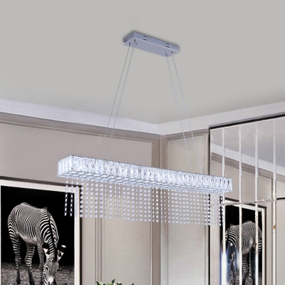 Rectangle Clear Crystal Island Light Fixture Modernism LED Chrome Pendant Ceiling Lamp with Suspended Strand