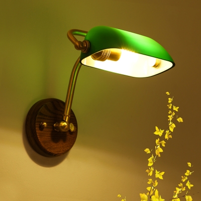 Rollover Shade Bedside Wall Banker Lamp Retro Light-Green/Green Glass 1-Bulb Brass Reading Wall Light