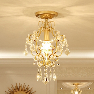 Scroll Frame Iron Semi Mount Lighting Post-Modern 1 Head Corridor Flush Ceiling Light in Gold with Crystal Drop