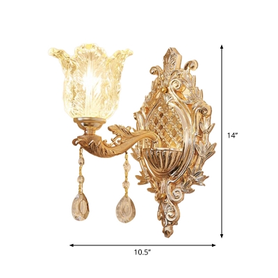 Semi-Open Flower Clear Glass Sconce Traditional Single Sitting Room Wall Mounted Lighting in Gold