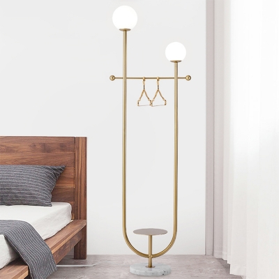 Spherical Standing Light Postmodern White Glass 2-Bulb Bedroom Floor Lamp with Tray and Clothes Rack in Gold