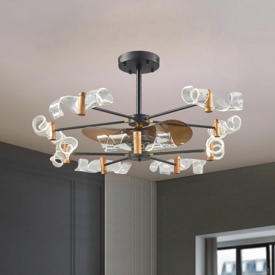 Swirl Acrylic Ceiling Fan Light Modernist 10 Lights Black Semi Flush Mounted Lamp with 3 Brown Blades, 39
