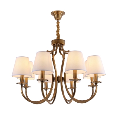 Traditional Barrel Shade Pendant Chandelier 6/8 Heads Fabric Hanging Lamp with Curved Arm in Brass