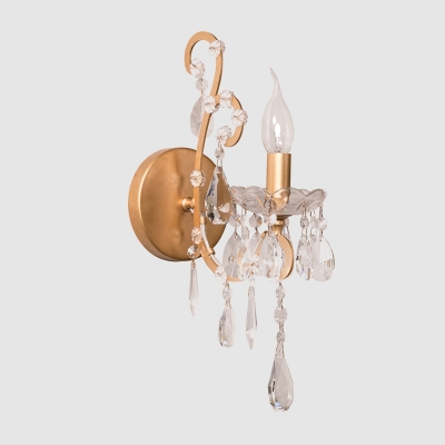 Traditional Candelabra Wall Sconce Light 1-Bulb Metallic Wall Mount Lamp with Crystal Decor in Gold