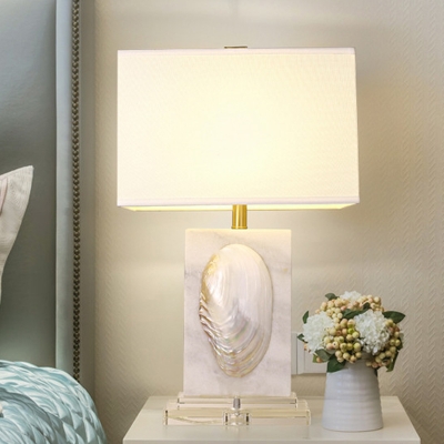 1-Light Rectangle Nightstand Light Traditional White Fabric Table Lamp with Mussel shell Deco