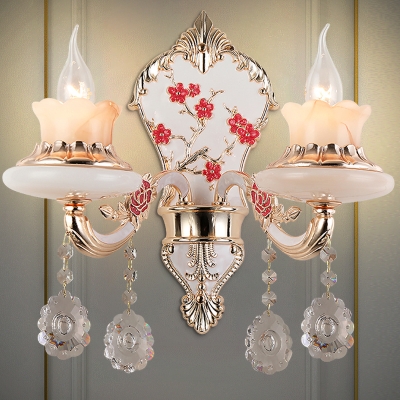 2 Bulbs Candle Wall Mounted Light Traditional Gold Finish Tan Glass Wall Lamp for Bedroom