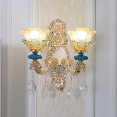 2-Layer Flower Frosted Glass Wall Lamp Rustic 1/2-Light Living Room Wall Mount Fixture in Gold
