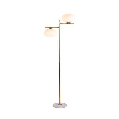 2 Lights Living Room Stand Up Lamp Post Modern Gold Floor Light with Oval Opal Glass Shade