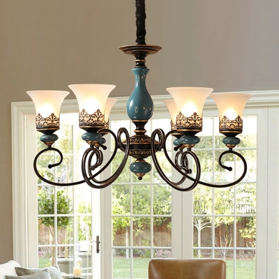 3/5/6 Bulbs Bell Up Ceiling Chandelier Farmhouse Black Finish Frosted Glass Pendulum Light with Blue Ceramics Detail