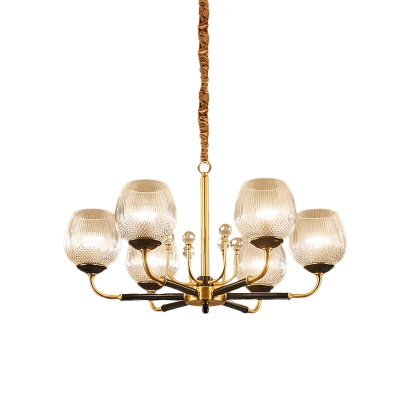 3/6 Bulbs Chandelier Pendant Lamp Post Modern Dining Room Suspension Light with Cup Latticed Glass Shade in Brass