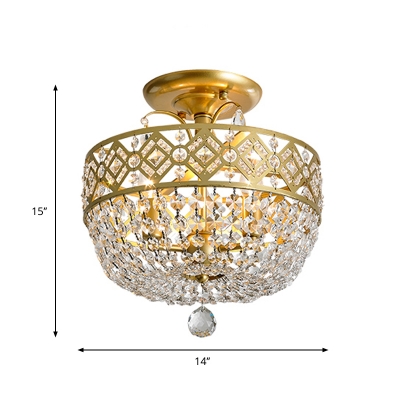 3-Light Basket Shape Flush Chandelier Modern Gold Crystal Semi Flush Mount Ceiling Light