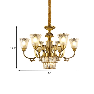 9-Light Bellflower Up Chandelier Mid Century Brass Frosted Glass Drop Lamp with Crystal Accent