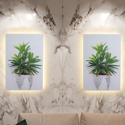 Acrylic Rectangle Wall Mural Lighting Modern LED White-Green Sconce Lamp Fixture with Leaf Pattern