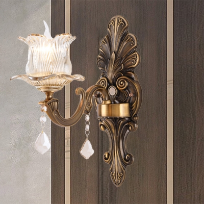 Antiqued Brass 1 Head Wall Sconce Retro Clear Ribbed Glass Flower Wall Mounted Lighting for Bedside