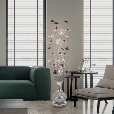 Art Deco Vase and Plant Standing Light Aluminum Wire LED Floor Lamp in Black and Silver, White/Warm Light