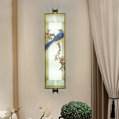 Asian LED Wall Mounted Lamp Blue Magpie Drawing Wall Mural Lighting with Fabric Shade