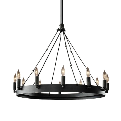 Black Finish 12-Bulb Hanging Pendant Country Style Metal Candelabra Chandelier Lighting with Ring Design
